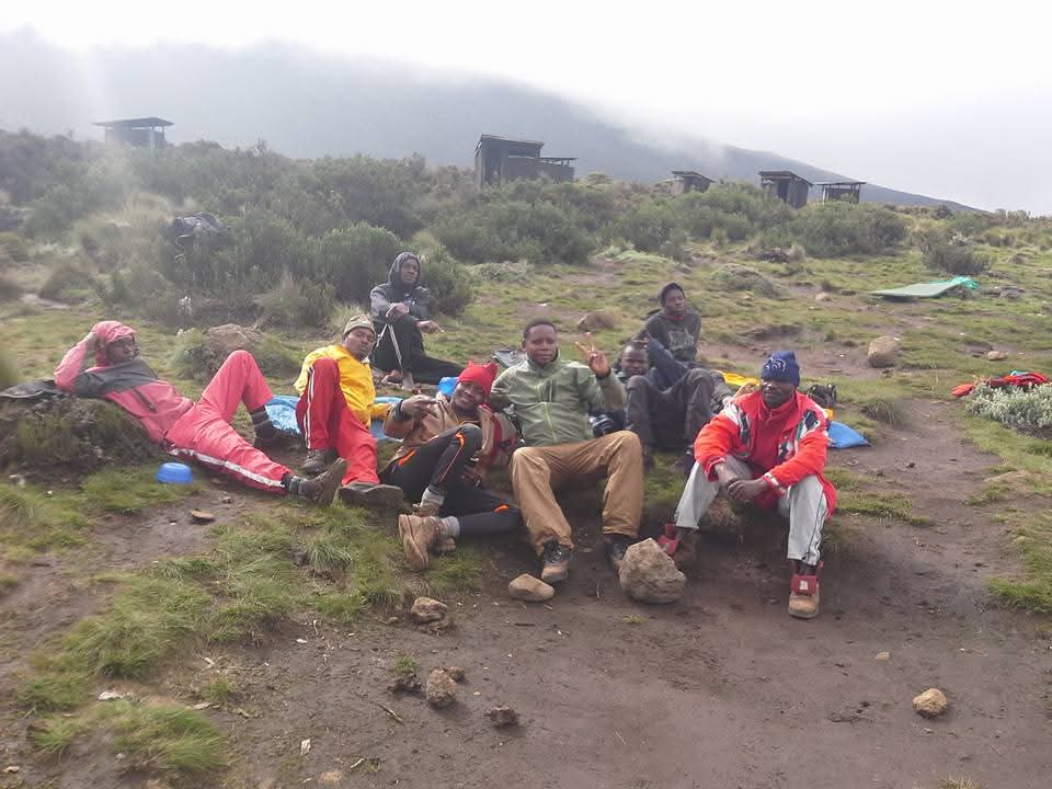 Climbers resting at a mountain camp